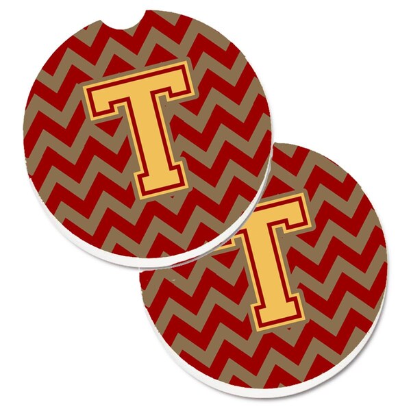 Carolines Treasures Letter T Chevron Garnet and Gold Set of 2 Cup Holder Car Coaster CJ1048-TCARC - main